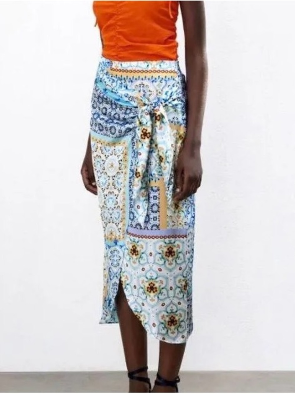 Satin Print Tie-Waist Midi Skirt